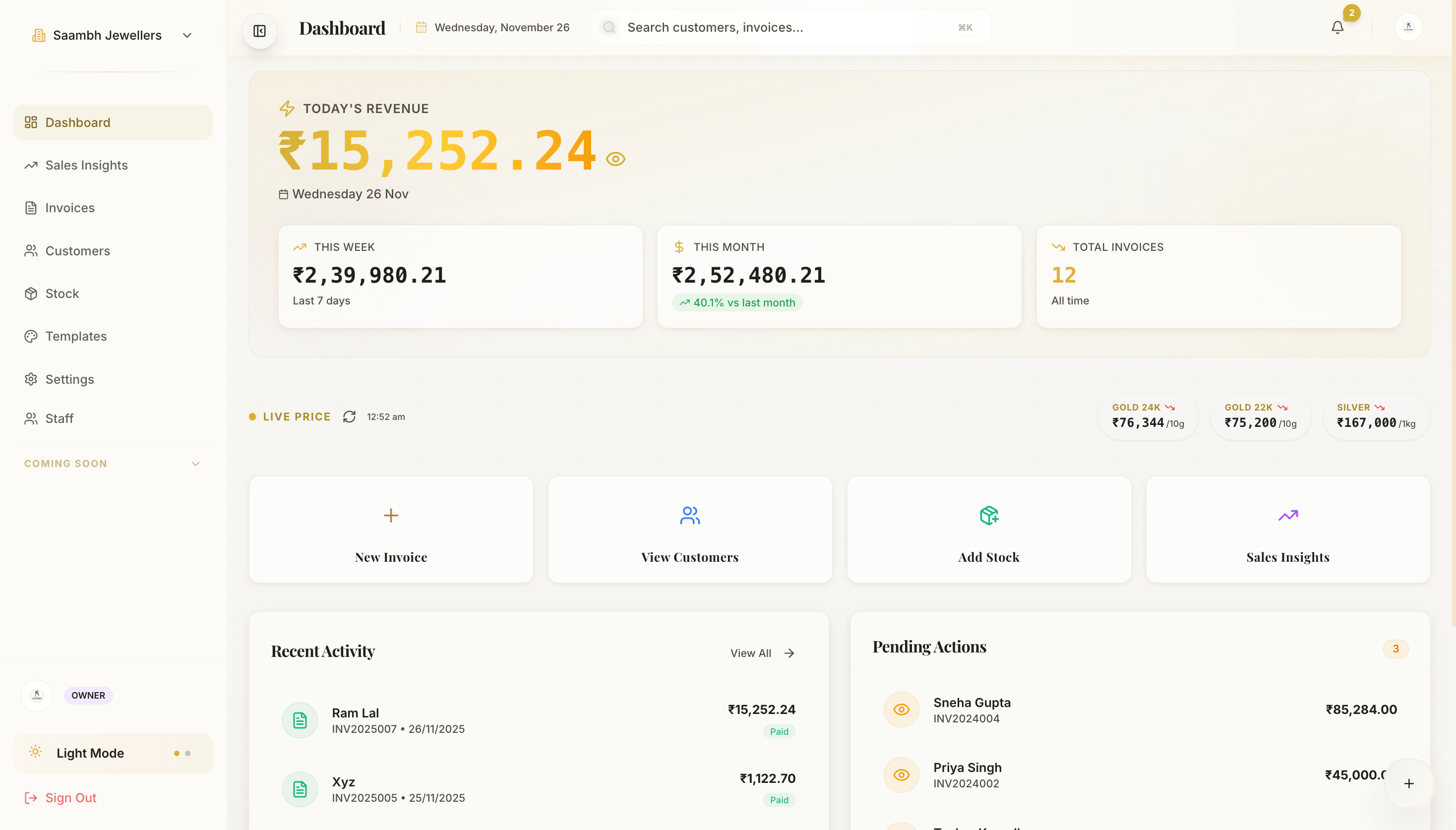 SwarnaVyapar Dashboard - Light Mode